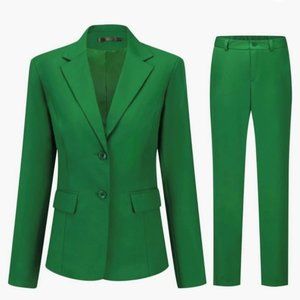 Women's 2 Pieces Office Suit Set Long Sleeve Blazer Jacket and Suit Pants green